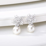 Snowflake Crystal White Pearl Earrings